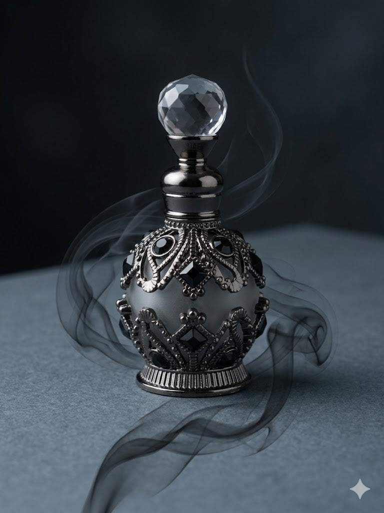 Round Silver Jewelled Perfume Bottle with Black stones