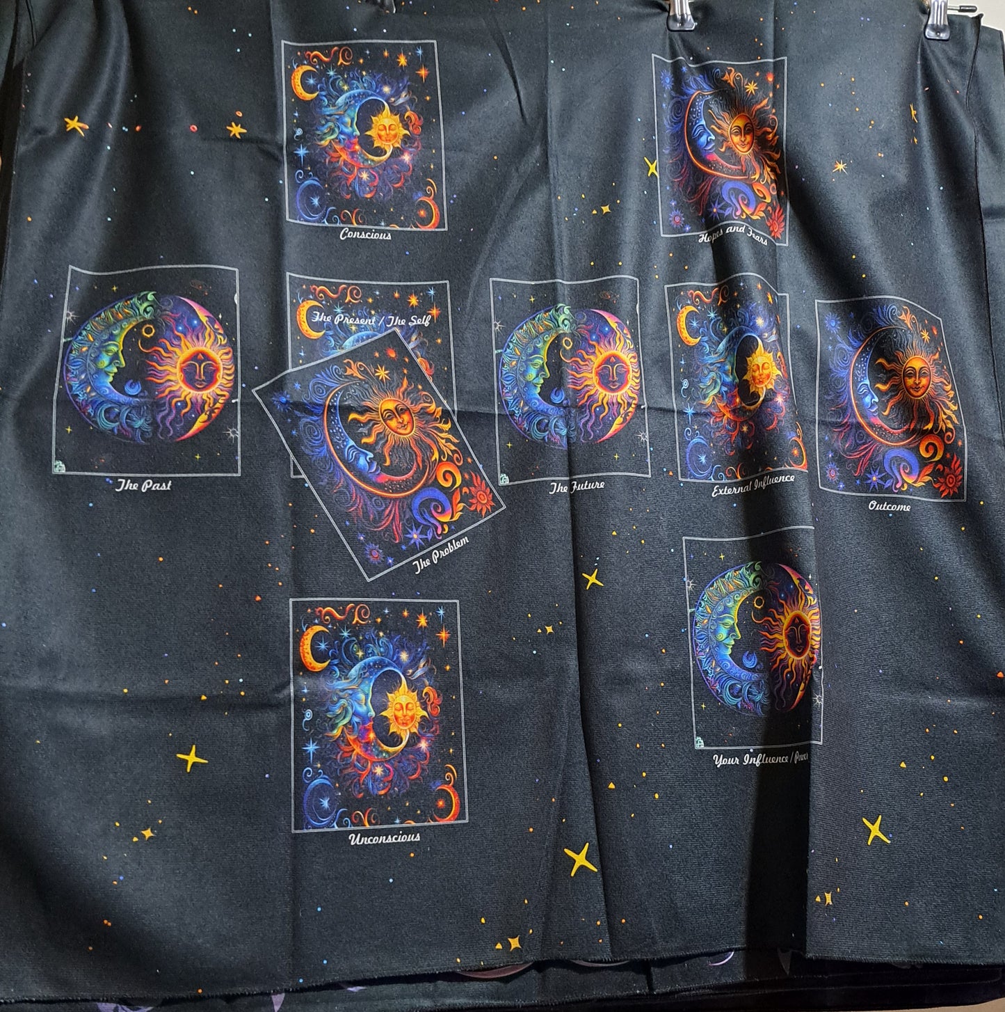 Large tarot/wall cloth. black with colourful card layout