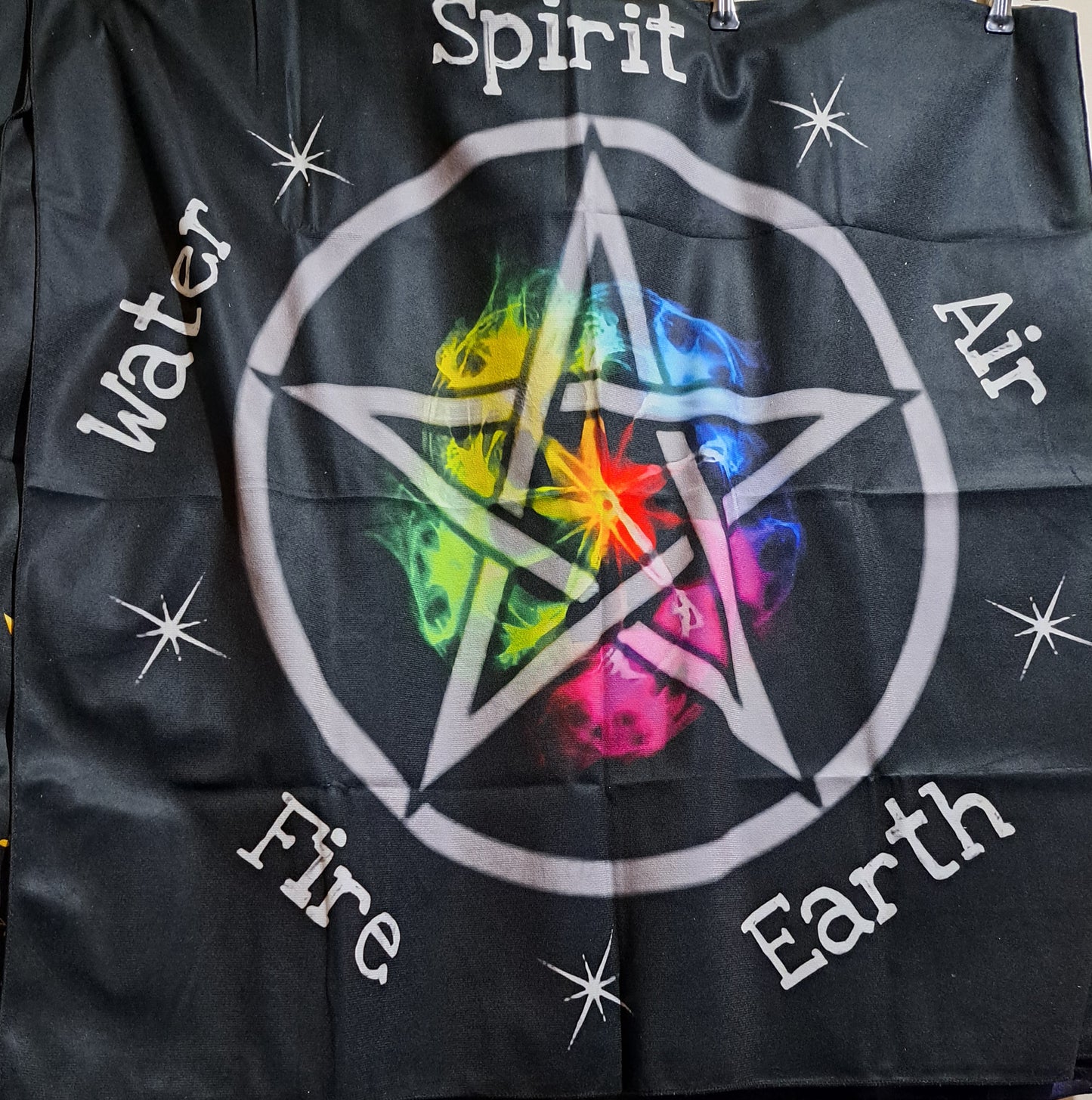 Large tarot/wall cloth. black elements with colourful pentacle