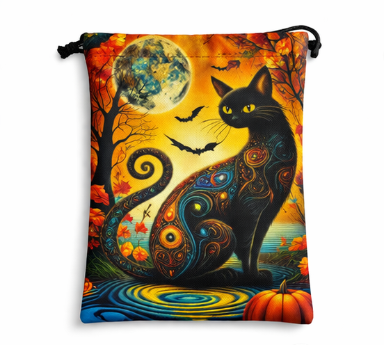 Psychedelic Midnight Cat Drawstring Pouch