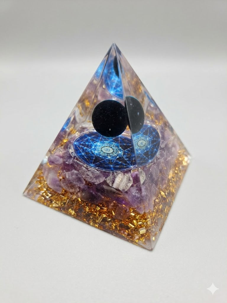 Beautiful Glass Pyramid with Amethyst and Black Obsidian