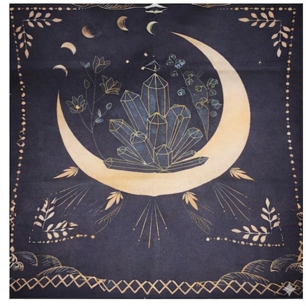 Small tarot/wall cloth, black and yellow moon and crystal