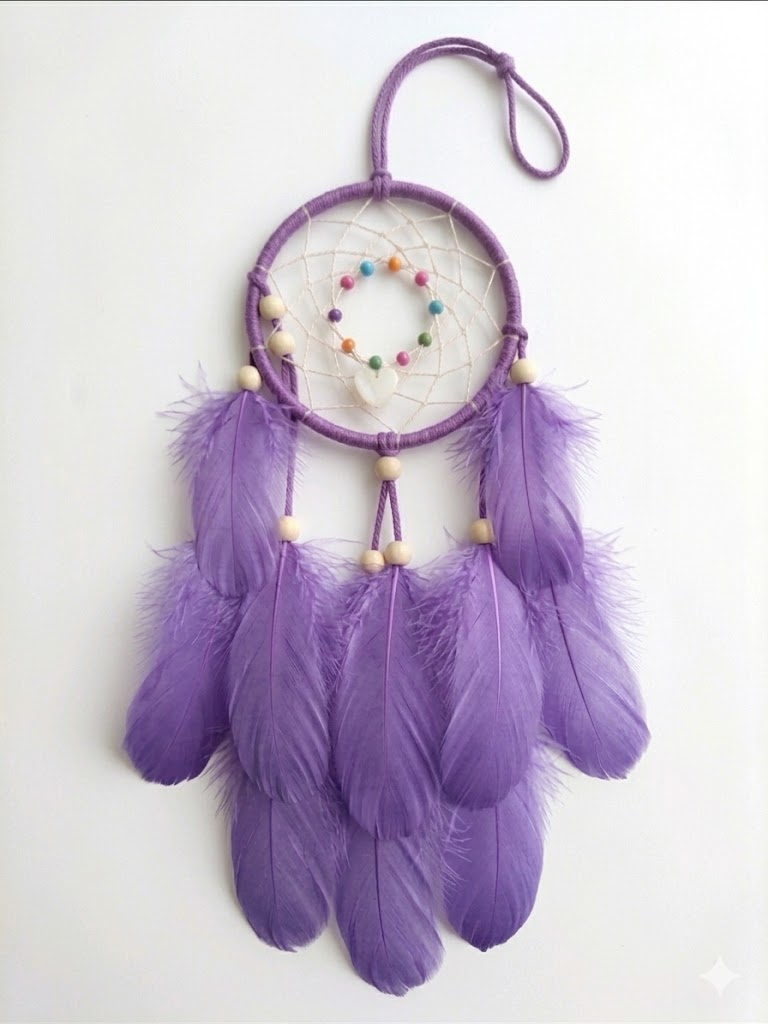 Double Dream Catcher With Heart Charm and Beads Purple
