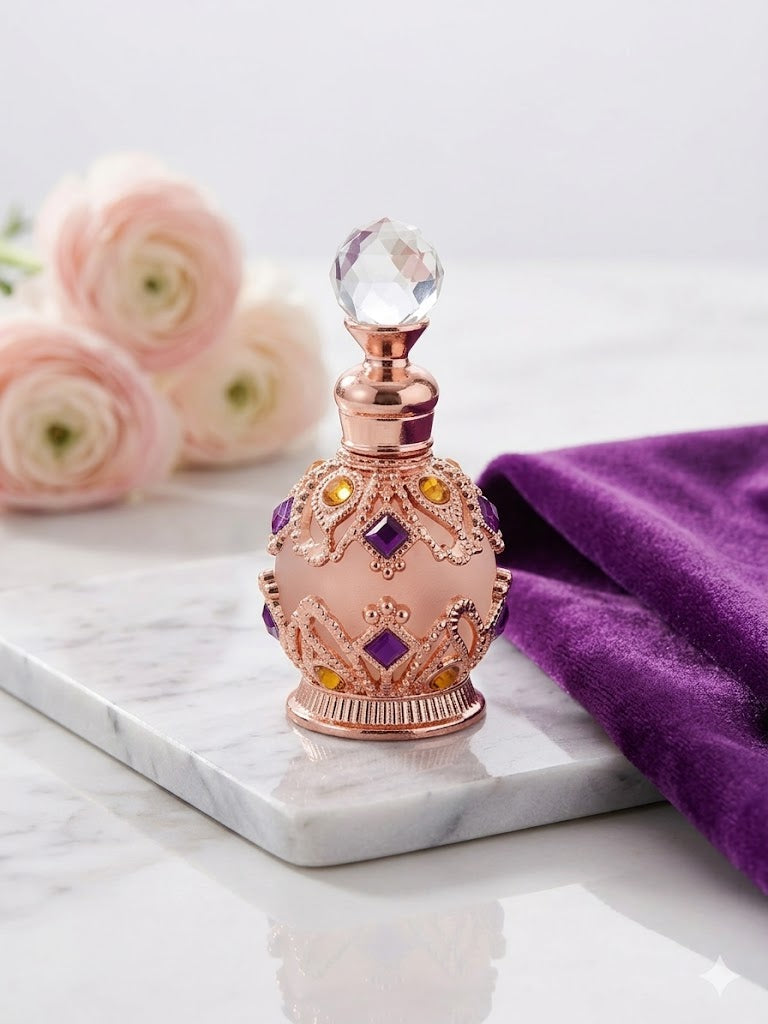 Round Rose Gold Jewelled Frosted Perfume Bottle with Purple and Yellow stones