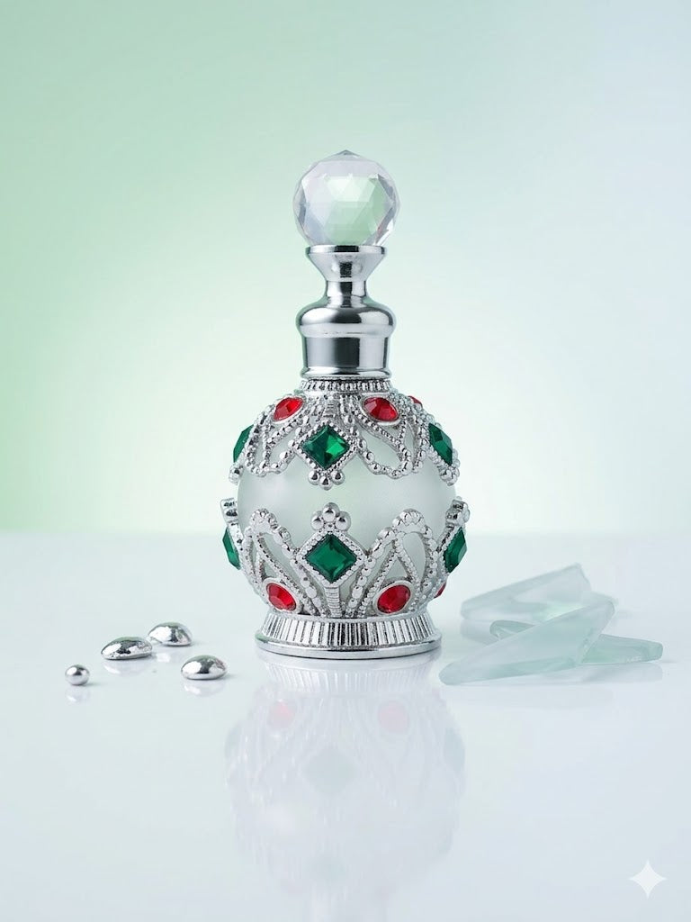 Round Silver Frosted Perfume Bottle with Red and Green stones