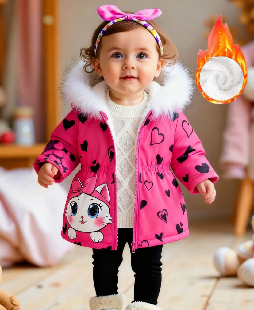 Cute Heart and Cartoon Cat Print Hooded Jacket for Baby Girl | Warm, Non-Stretch Fabric with Fleece Lining and Zipper details