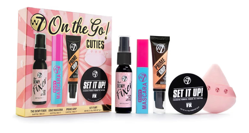 On the Go Cuties Gift Set - Mini Makeup Essentials with Primer, Mascara, Setting Spray, Loose Powder & Powder Puff - Travel Size Beauty Favourites