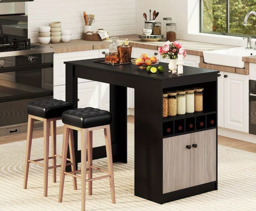 COSTWAY Tall Modern Bar Table with Adjustable Shelf & Open Compartments - Solid Wood/Artificial Wood High-Quality Dining Table for Kitchen, Breakfast Nook, Living Room - Easy Assembly, No Electricity Needed, Kitchen Bar Cabinet, Contemporary Design, Durab
