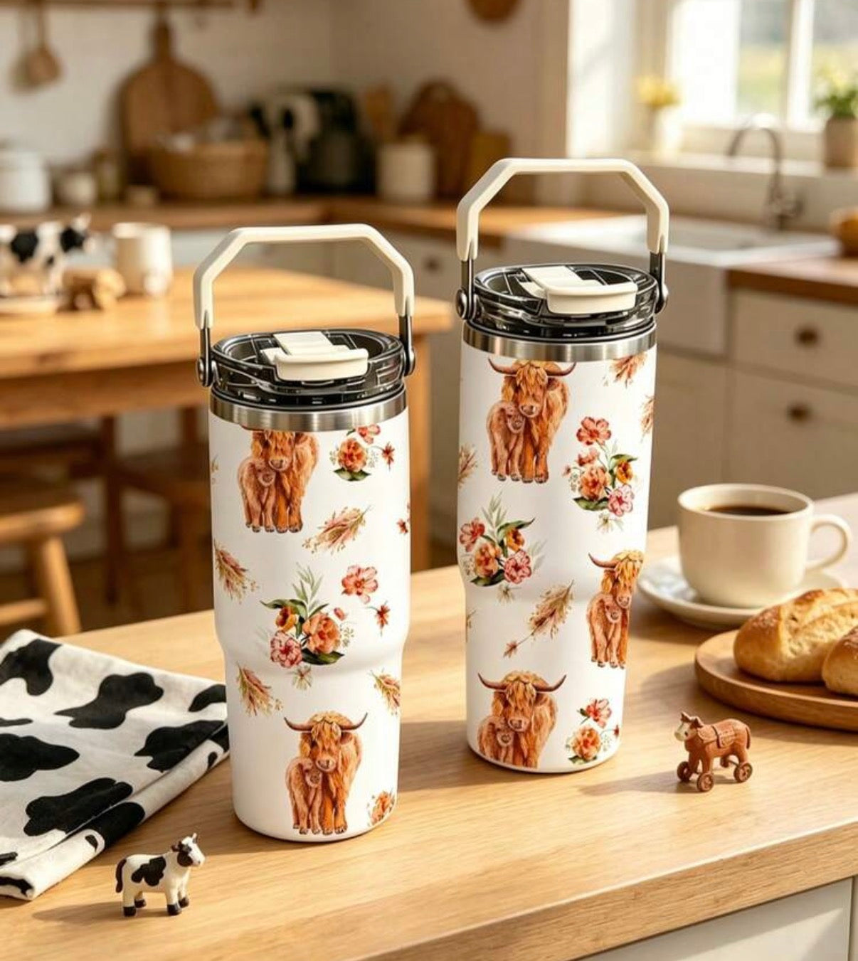 30oz Cow Pattern Insulated Tumbler With Handle And Straw