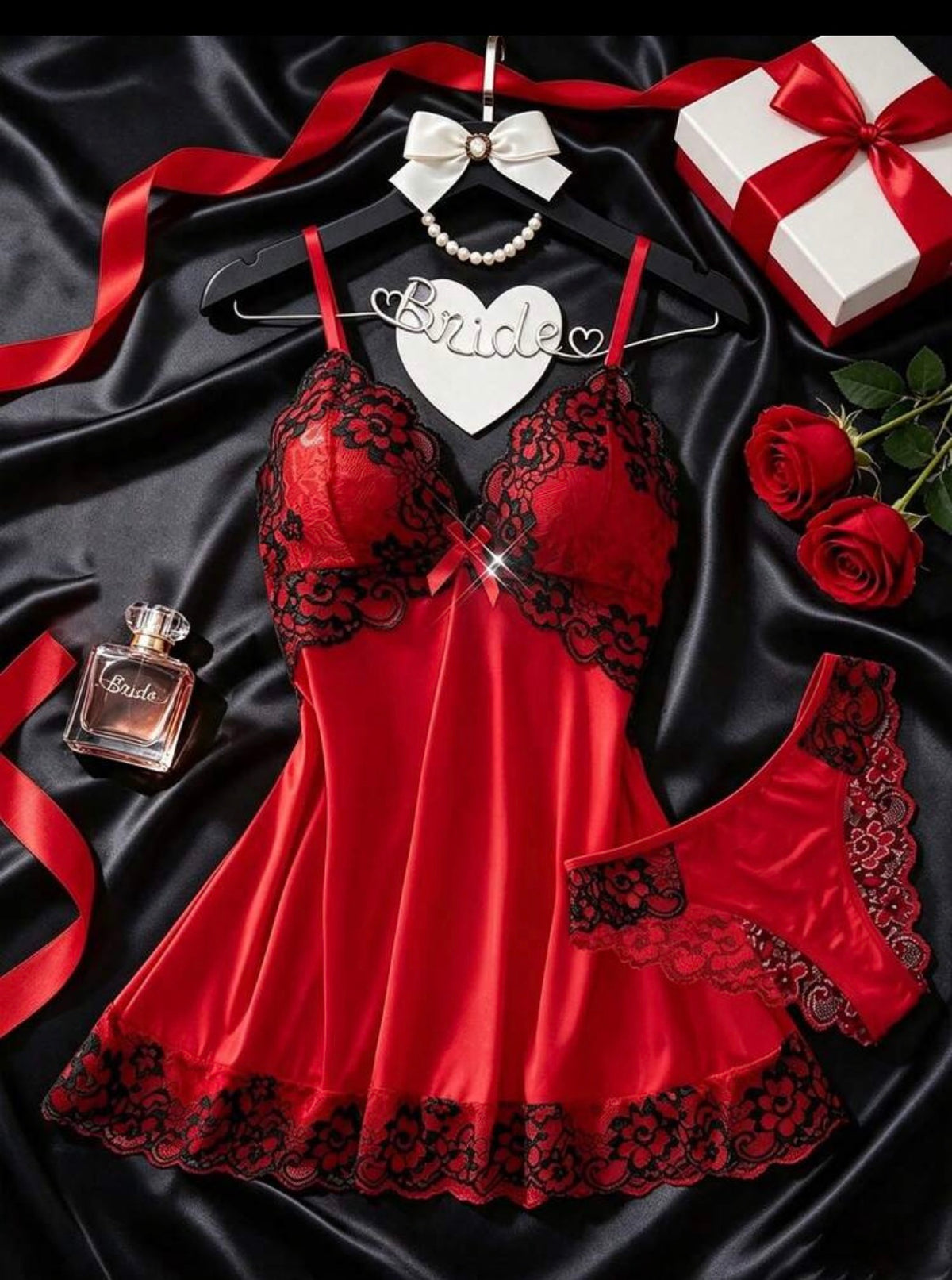 2pcs Set Colorblock Floral Lace Nightgown Set, V-Neck Semi-Sheer Bow Dress And Panties