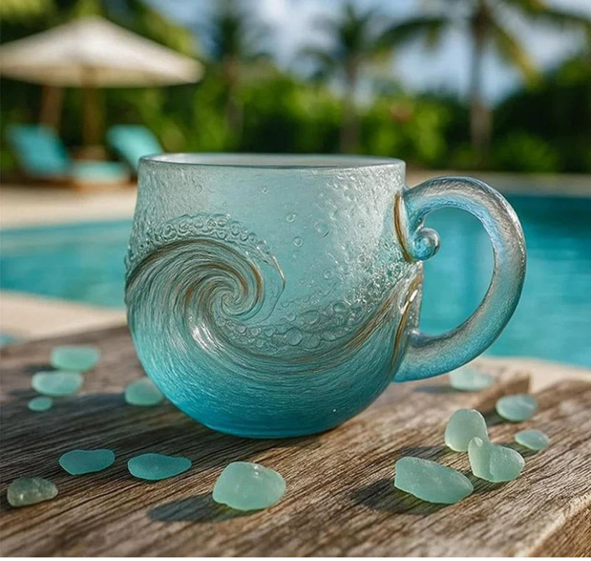 Sea Glass Wave Mug Handblown 12 Ounce Glass Drinkware for Tea Coffee and Wine