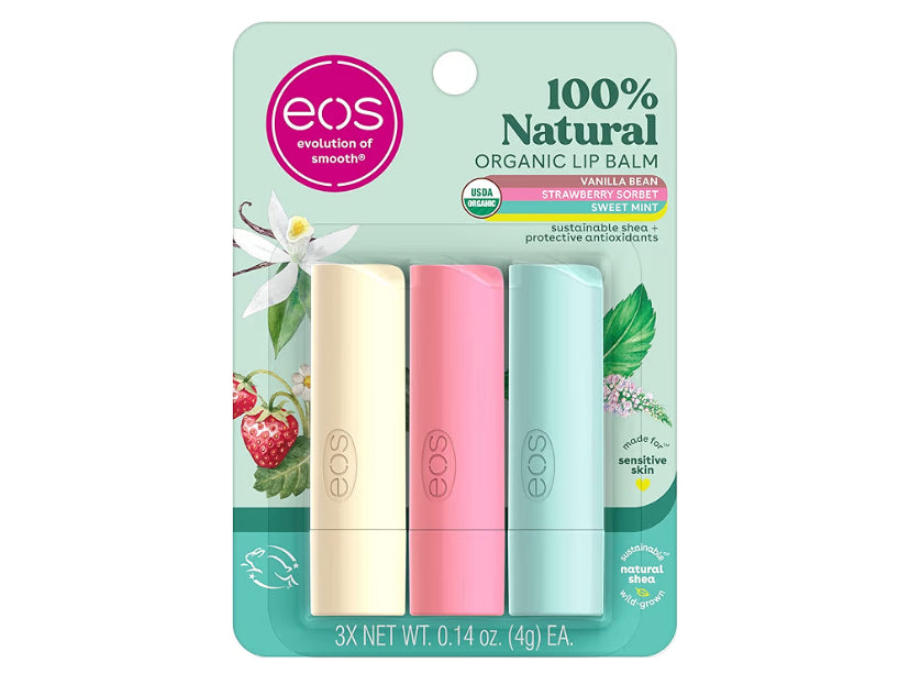 eos 100% Natural & Organic Lip Balm Trio- Vanilla Bean, Sweet Mint, & Strawberry Sorbet, Made for Sensitive Skin, Lip Care Products, 0.14 oz, 3-Pack