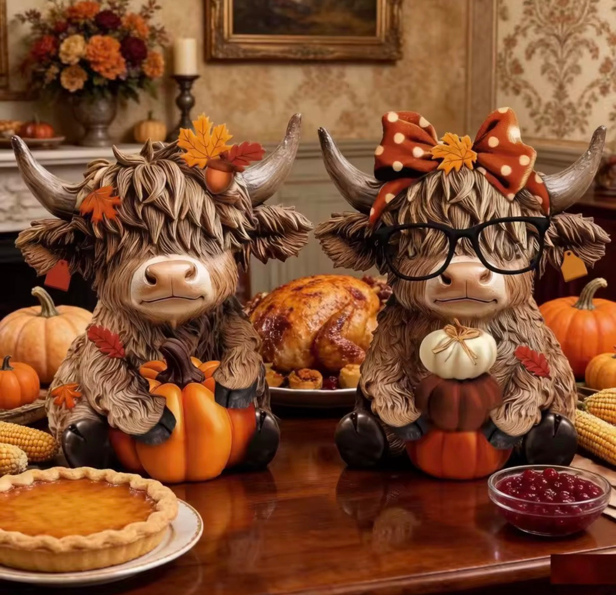 2-Piece Set, Pumpkin Highland Cow Figurines