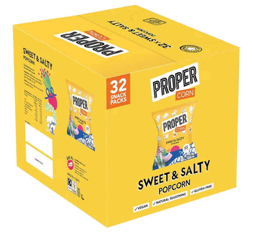PROPER Sweet & Salty Popcorn, Natural Sea Salt and Demerara Sugar Seasoning, Vegetarian, Gluten-Free, Hand-Popped Corn, 65 kcal, 14g, Box of 32
