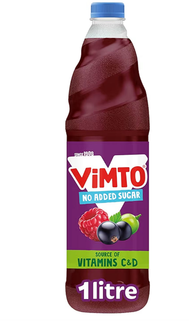 Vimto Real Fruit Squash Original No Added Sugar Mixed Fruit Juice Cordial Drink, Blackcurrant, Grape & Raspberry, 1 Litre Bottle x2