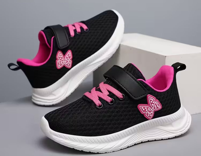 Lightweight Children's Sports Shoes for Girls, Cute Butterfly, Black Plum Red, Breathable Mesh.
