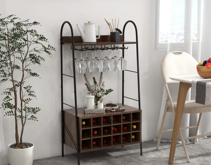 GOFLAME Baker'S Rack w/ Detachable Wine Rack & 5 Rows of Stemware Holder, 2 Storage Shelves, Anti-toppling System, Freestanding Wine Bar Cabinet for Kitchen, Dining Room, Home Bar, Rustic Brown