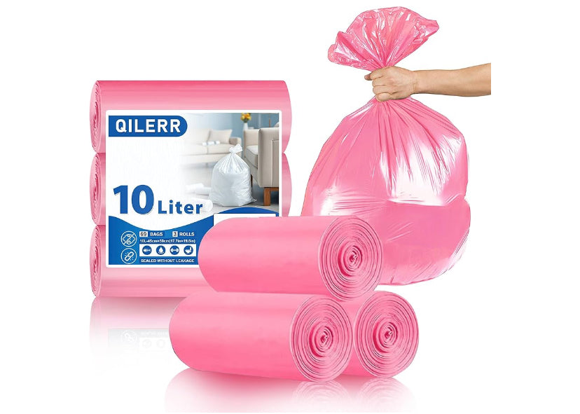 Small Bin Bags 10L Extra Thick Bathroom Bin Liners 69 Count Pink Unscented Plastic Mini Waste Bag for Toilet, Office, Bedroom