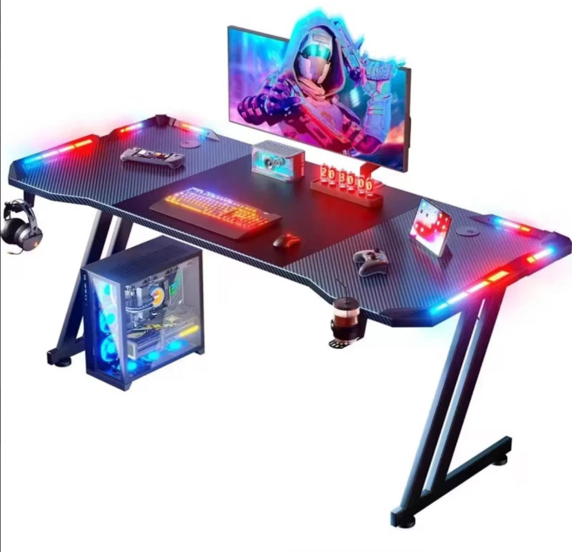 RGB Gaming Desk with LED Lightsd and Mousev Pad, Large Ergonomic Computer Desk