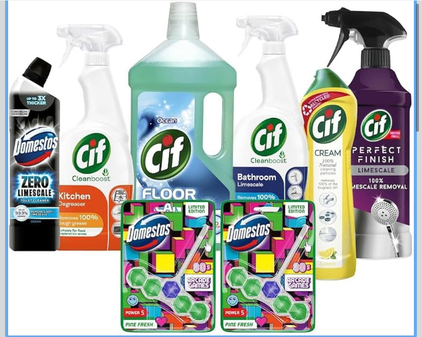 Cif & Domestos Cleaning Essentials Kit - Includes Cif Original Cream Cleaner, Ocean Floor Cleaner, Power & Shine Bathroom & Kitchen Sprays, Limescale Spray, Domestos Toilet Cleaner