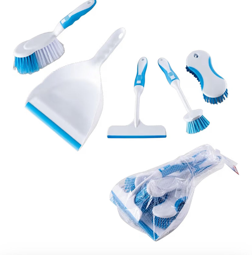 Household Cleaning Brush Set Compact Portable Ergonomic 5-in-1 Cleaning Kit with Dust Pan and Brush, Scrubbing Brush, Wiper, and Dish Brush to Keep All Surface of Homes Tidy - BEST HOUSE