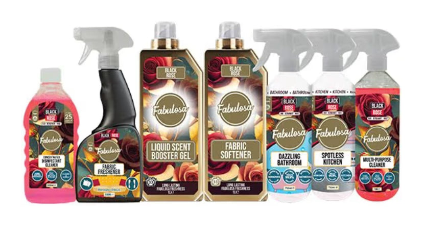 Fabulosa All-in-One General Household Cleaning Bundle, Oud Cleaners and Fresheners, Antibacterial Sprays and Disinfectants Long Lasting Fabric Softener and Liquid Scent Booster Gel, 7 Pack, Black Rose