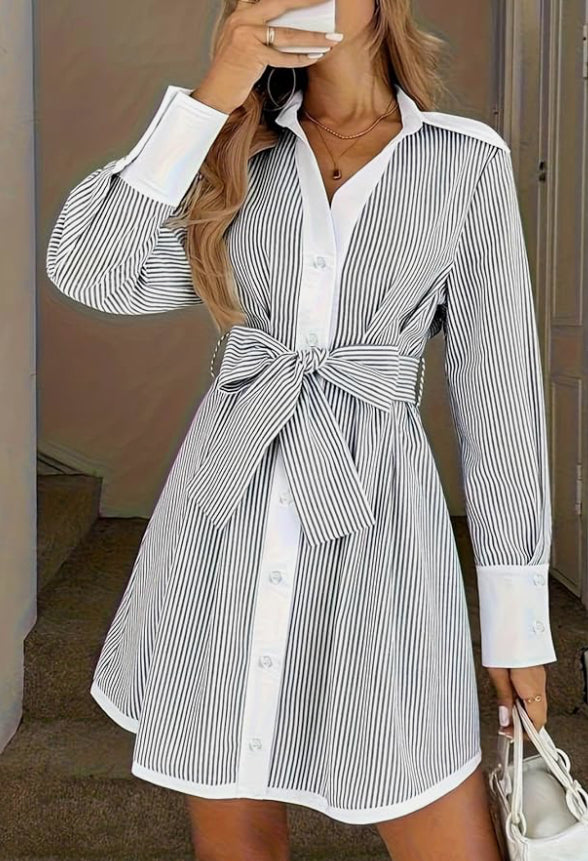 Women's Classy Collar Button Down Stripe Shirt Dresses