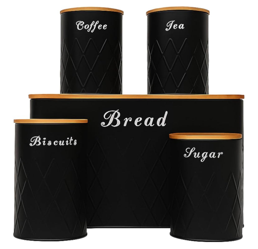 Oypla 5pc Bamboo Lid Kitchen Canister Storage Tin Set Bread Biscuits Tea Sugar Coffee (Black)