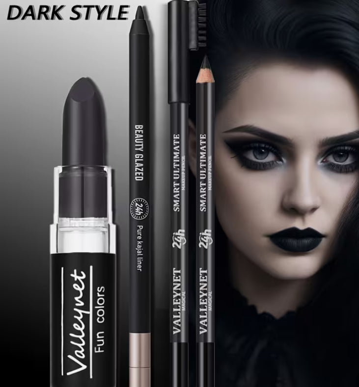 A Set of 3pcs Featuring a Dark Makeup Collection, Including Matte Black Lipstick And Lip Liner, Along with a Long-Lasting Waterproof Eyeliner And Black Smoky Eyeshadow