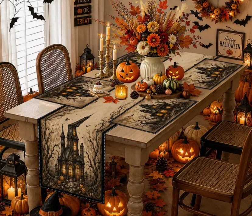 7pcs Vintage Haunted House Halloween Table Runner And Placemat Set