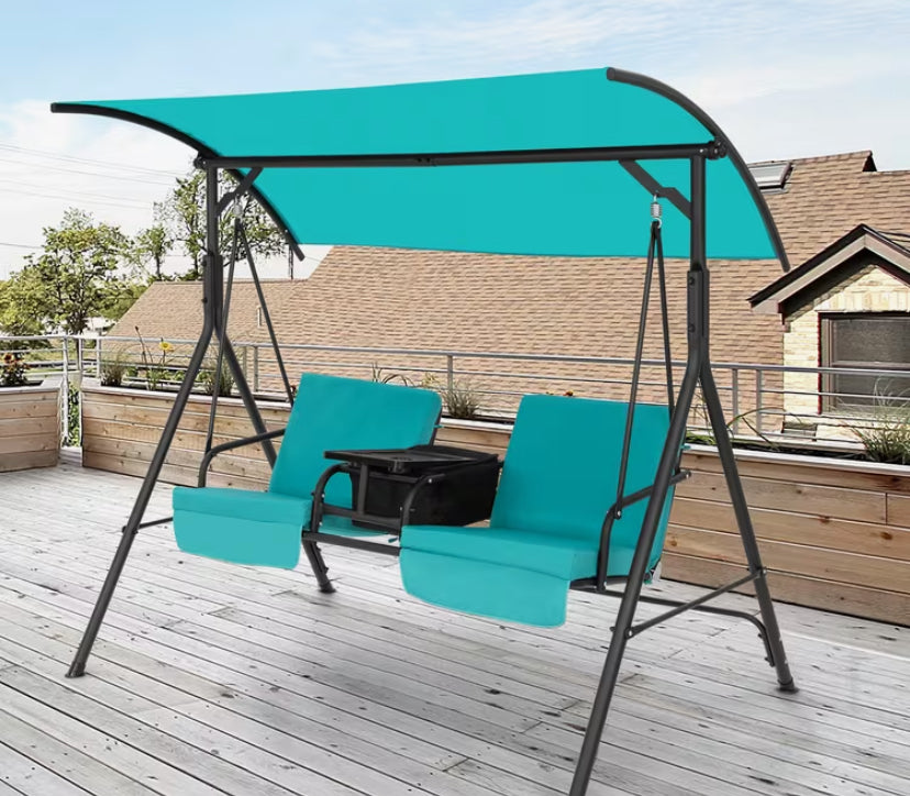 2 Seat Outdoor Patio Swing Chair, Adjustable Tilt Canopy Swing with Cooler, 360° Rotatable Tray, Cup Holders, 2-Person Sunshade Swing