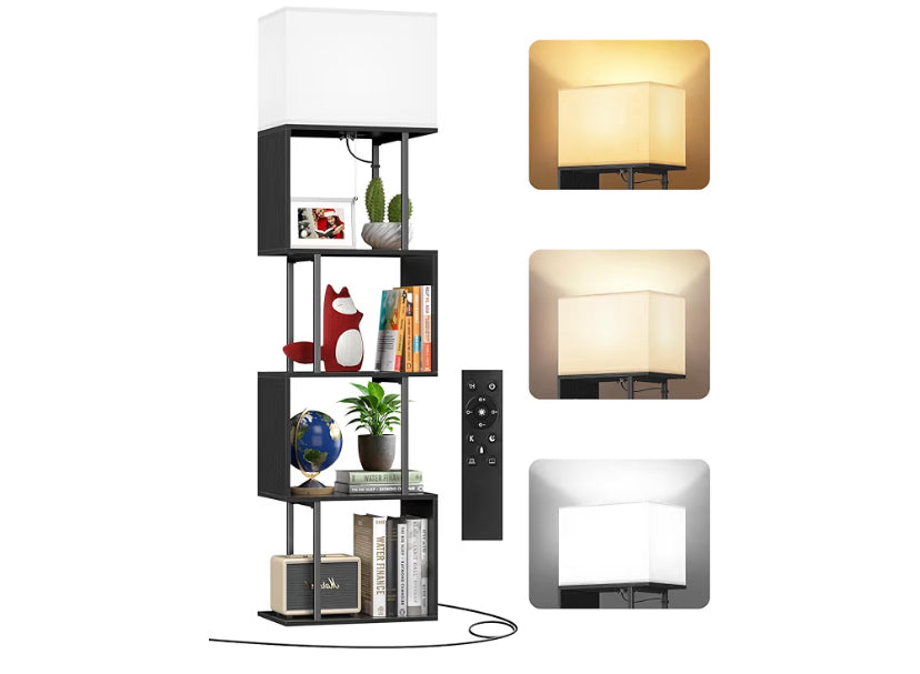 5-Tier Floor Lamp with Shelves & Remote, Dimmable S-Shaped Bookshelf with 3 Color Temperature, 1-Hour Timer, Tall Corner Standing Lamp for Living Room, Bedroom, Office