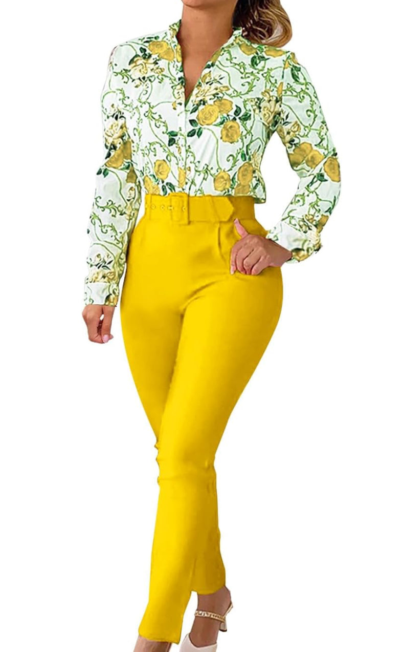Leisure Wear Sets for Women Uk 2 Piece Outfits Floral Elegant Tracksuit Stand Collar Long Sleeve Shirt High Waisted Trousers