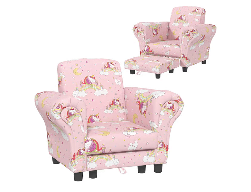 Kids Armchair with Stool, 2 Piece Kids Sofa Set with Cloud Design, Wooden Frame, Upholstered Chair for Bedroom, Playroom, Nursery, for 1.5-3 Years Old, Pink