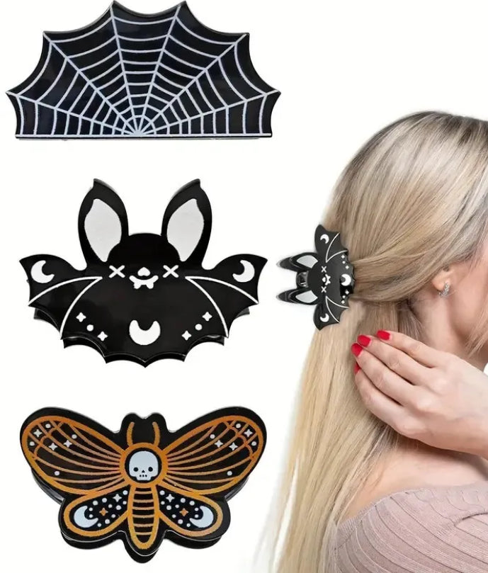 Halloween Hair Claw Clip Acrylic Pumpkin Spider Web Bat Ghost Skull Butterfly Gothic Spooky Party Headwear For Women Girls x3