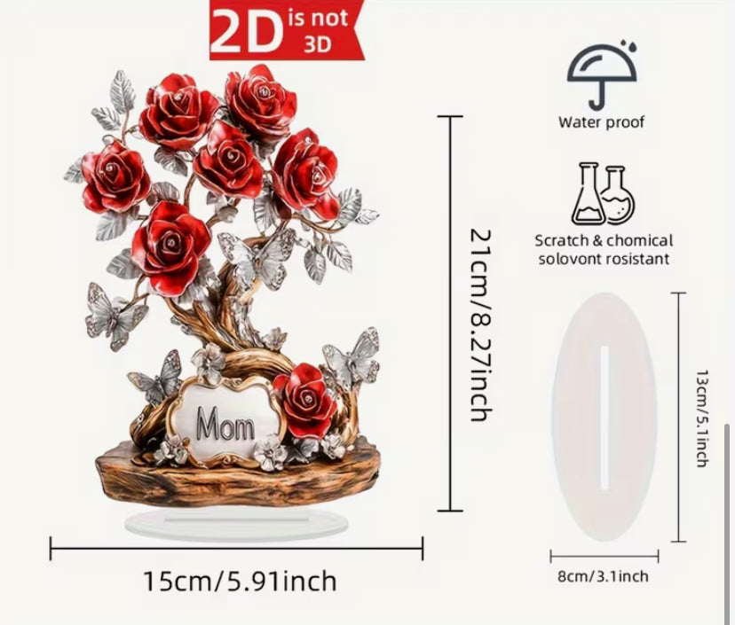 2D Flat, Elegant 2D Resin Rose Decoration with Butterfly - "Mom" Heart-Shaped Plaque, Modern Home Decor, Perfect Mother's Day Gift for Dining Table or Living Room, Floral Ornament, 2D Flat