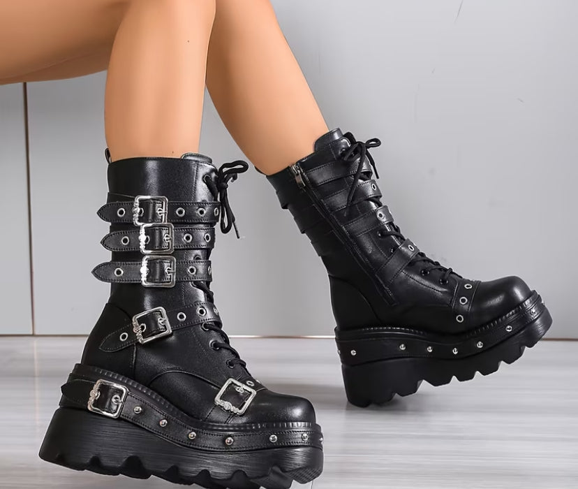 Warm Dark Punk Style, Side Zipper, Wedge Heel, Black Boots with Studded Buckle