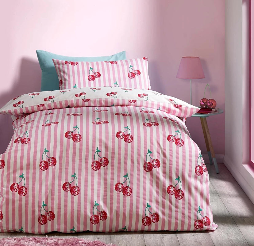 Disco Cherries Duvet Cover Catherine Lansfield Girls Single Quilt Bedding Set