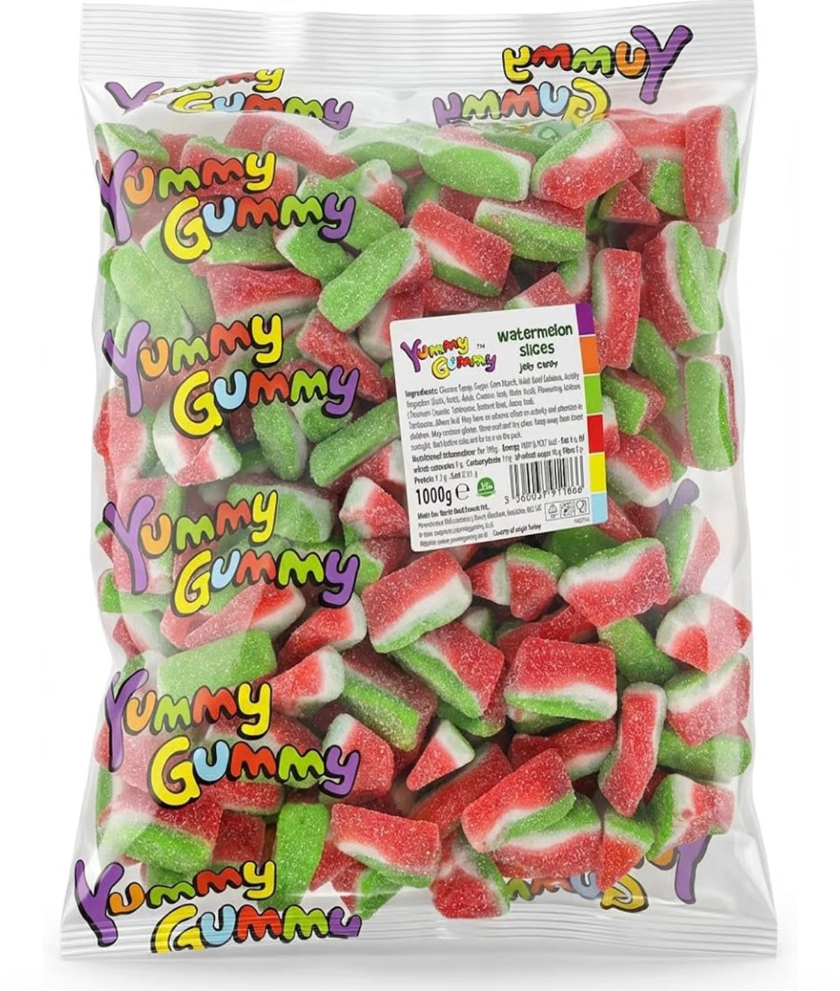 Yummy Gummy Fizzy Watermelon Slices 1kg Bulk Bag | Sour Sugar Coated Gummy Sweets for Party Bags and Sharing Bowls | Refreshing Fruit Flavour Pick and Mix
