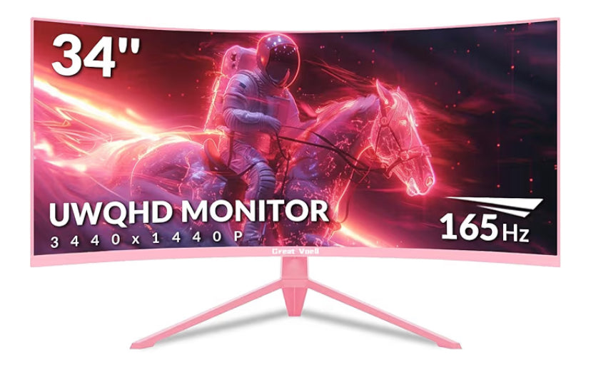 34" Pink Ultrawide Curved Gaming Monitor – 165Hz, UWQHD 3440x1440, 1500R, 1ms MPRT, HDR, FreeSync, 99% sRGB, HDMI & DP, VESA Mount, Eye Care