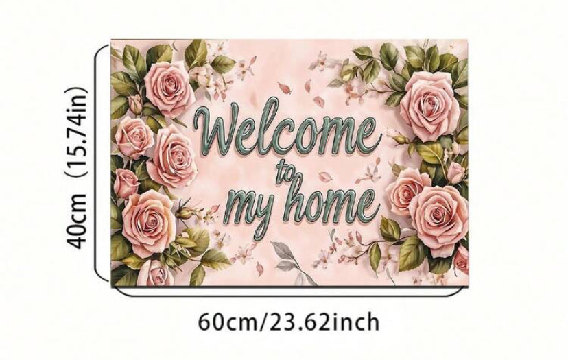 Entrance Rug, Pink Roses Welcome Home Monogrammed Rug, Polyester Non-Slip