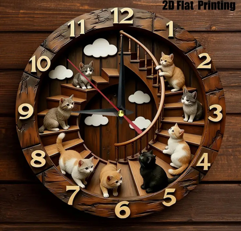 1pc 2D Flat Printed Cat Shelf Theme Wooden Round Wall Clock | Farmhouse Style