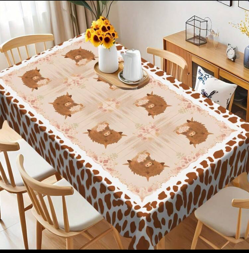 1pc Highland Cow And Floral Tablecloth, Polyester Table Cover With Cow Print Spots - Woven Style, Perfect For Scottish-Themed Parties, Birthday Celebrations, Dining Room And Garden Dining Decor