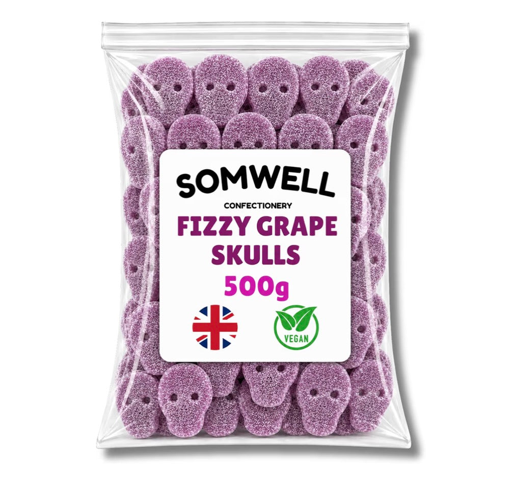 Somwell - Vegan Fizzy Grape Skull Sweets 500g – Grapes Flavoured Halal Candy - Gelatine Free Sweets, Fruit Flavoured Pick and Mix Candy, Bulk Bag, Retro Sweets, Party Bag & Candy Treats