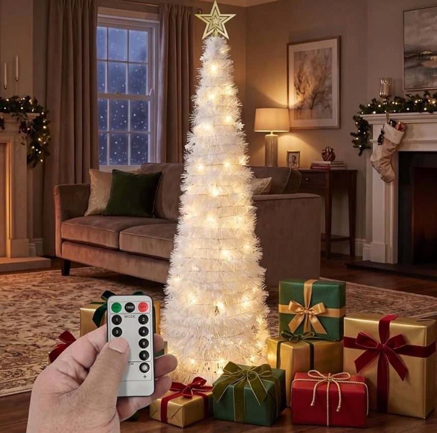 VeryMerry 5FT Pop Up Christmas Tree with Timer LED Lights, White Tinsel Pencil Christmas Tree, Collapsible Artificial Xmas Tre