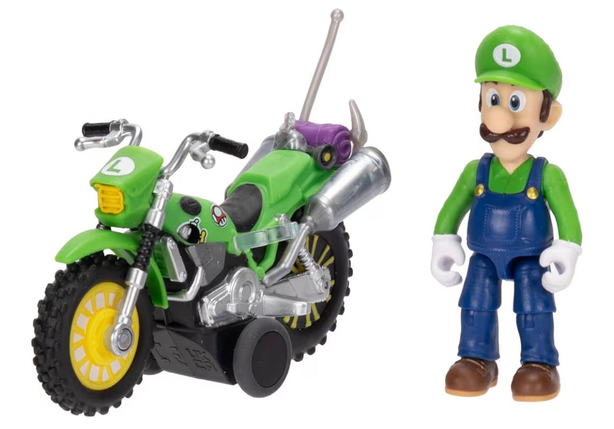 The Super Mario Galaxy Movie Luigi with Motorcycle 2.5" / 6.35cm Action Figure, Officially Licensed by Jakks Pacific, 9 Points of Articulation, Detailed Design, Pull Back and Watch Him Go! For 3+