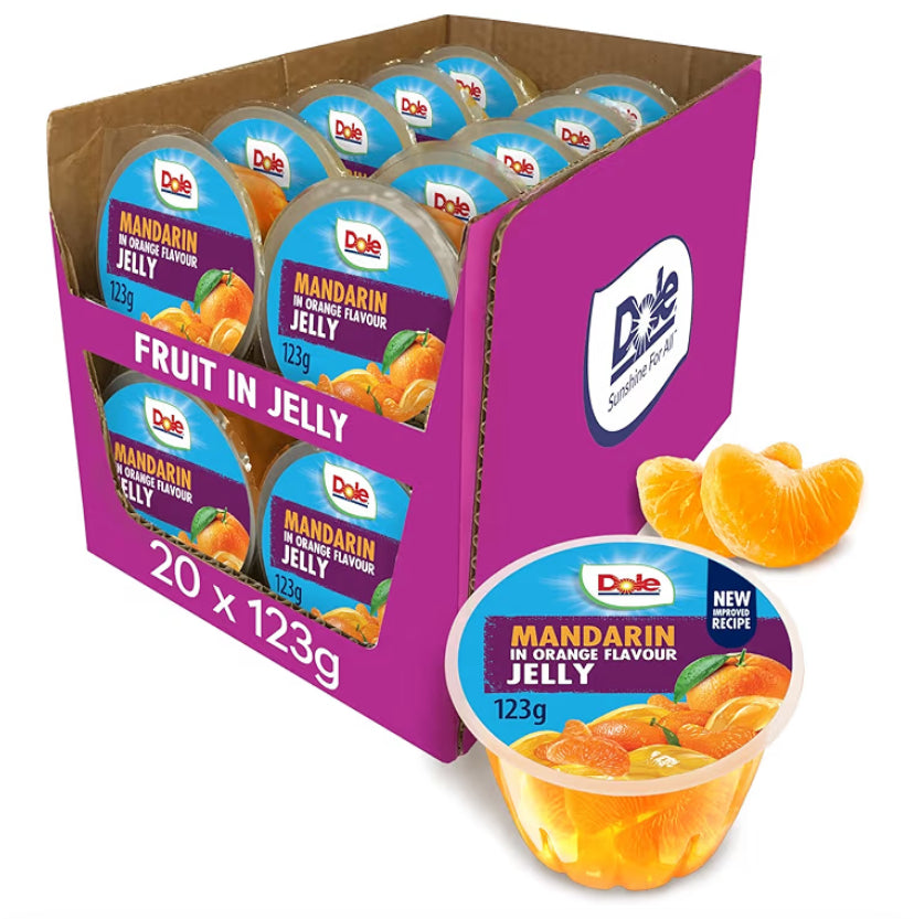 Dole Mandarin in Orange Jelly Fruit Pots 20 x 123g, Healthy Snack, No Added Sugar Fruit Bowls, Perfect for Breakfast & Dessert or Adding to Recipes