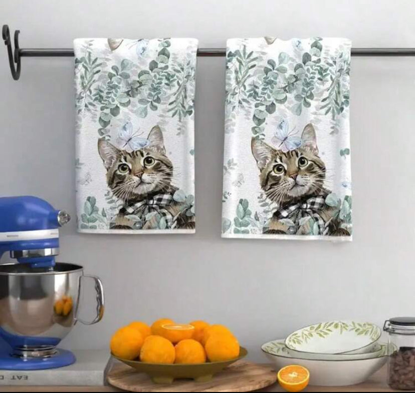 2pcs Cute Cat Design Kitchen & Bathroom Hand Towels, Soft & Absorbent Machine Washable Polyester Dishcloth, Perfect For Kitchen Decor, Cooking.Baking, Holiday Decor & Bathroomssentials, TableDecor, Kitchen Supplies, Home Decoration, New Home Bathroom