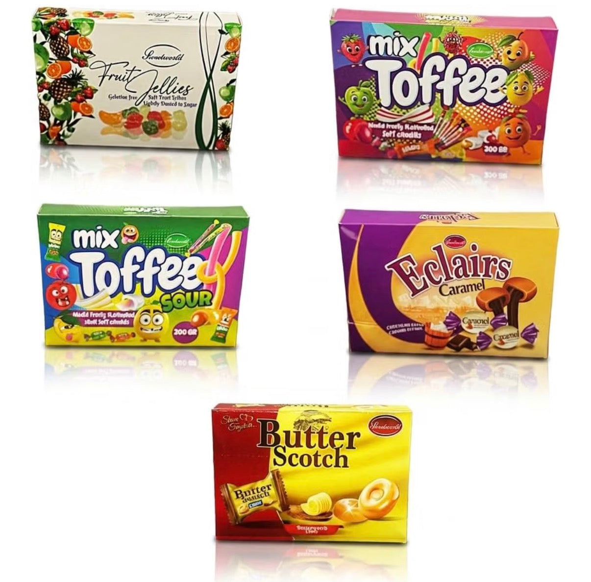 Yummys Toffee Boxes Selection Bundle 1kg, 5-Piece Gift Set of Assorted Chocolate Eclairs, Butterscotch, Fruit Jellies, Sour and Fruity Chews, Individually Wrapped Sweets for Sharing