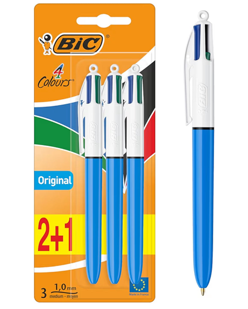 BIC 4 Colours Pens Multicolour Original - Retractable Ballpoint Pens - Pack of 3